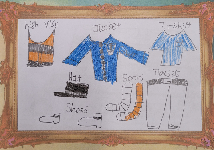 A drawing of a train conductors uniform by a child