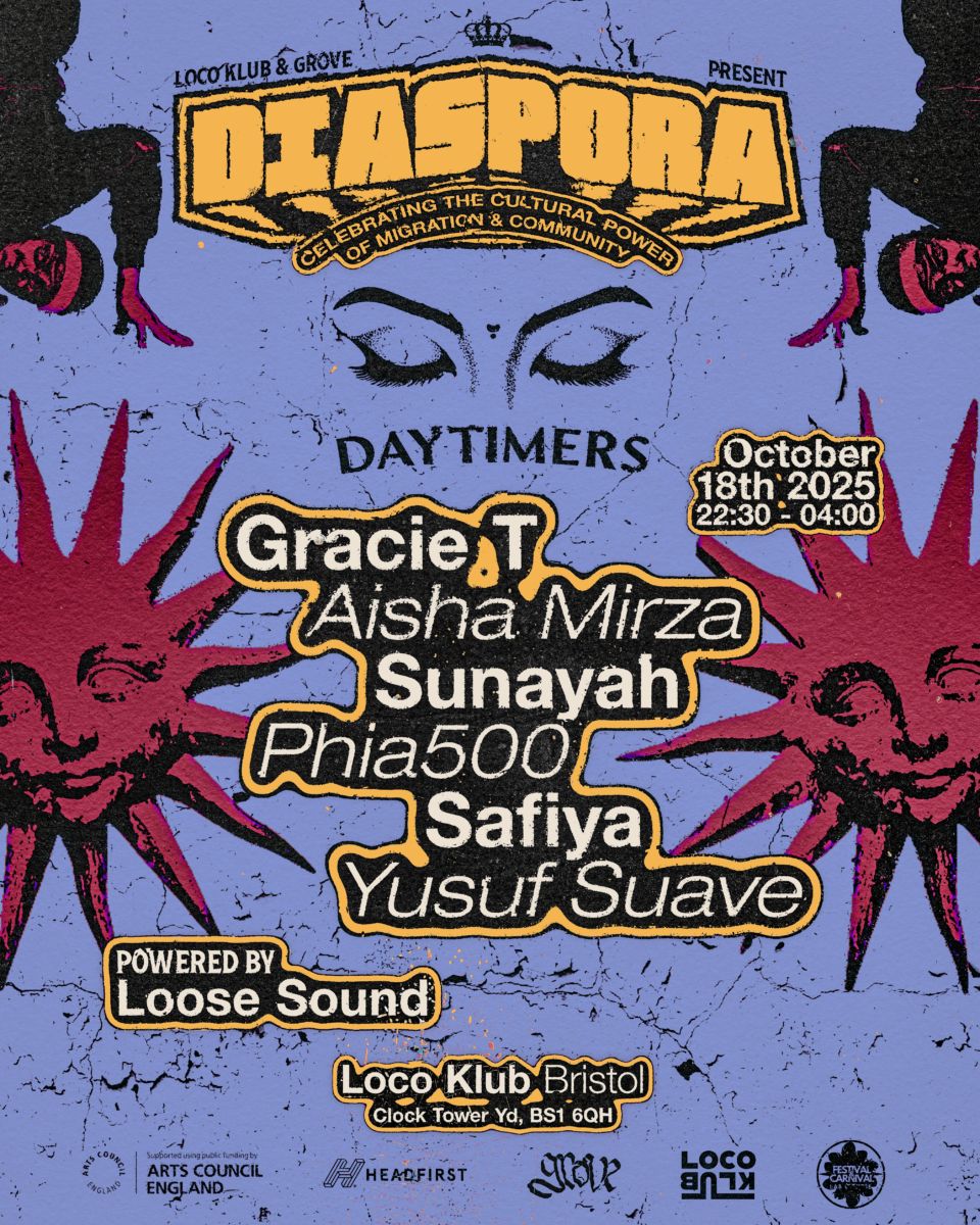 A promotional poster for the DIASPORA event series hosted by Loco Klub and Grove, featuring a lineup of artists including Gracie T, Aisha Mirza, Sunayah, Phia 500, Safiya and Yusuf Suave performing on October 18th, 2025.