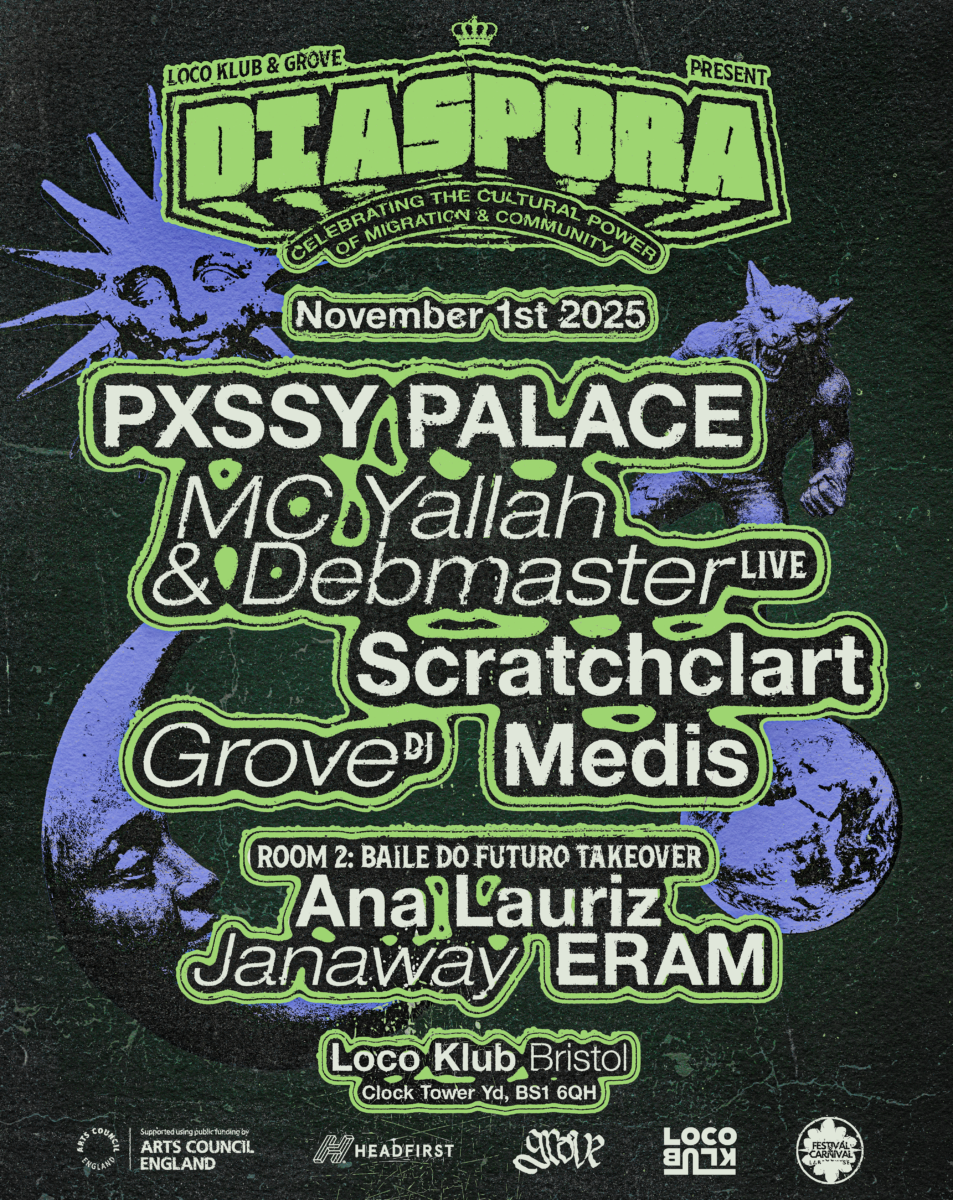 A event poster for DIASPORA, showcasing a series celebrating the cultural power of migration. Features the date November 1st, 2025, and artists including PXSSY PALACE, MC Yallah, and Grove DJ, with bold graphics and a colorful design.