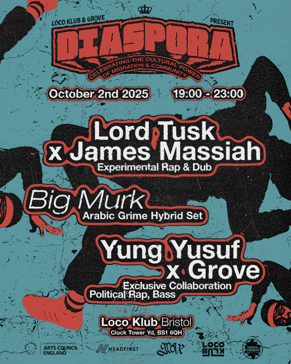 Promotional poster for the 'DIASPORA' event series at Loco Klub, highlighting performances by Lord Tusk x James Massiah, Big Murk, and Yung Yusuf x Grove on October 2nd, 2025.